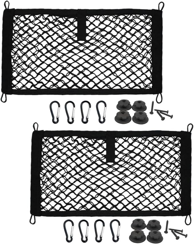 [2 Pack] JAVOedge Medium Cargo Net for Car, SUV, Truck, RV, Boat – Elastic Storage Mesh Organizer with Built‑in Hooks, 8 Screws & 8 Carabiners – Heavy‑Duty Trunk Cargo Net & Vehicle Storage Bag