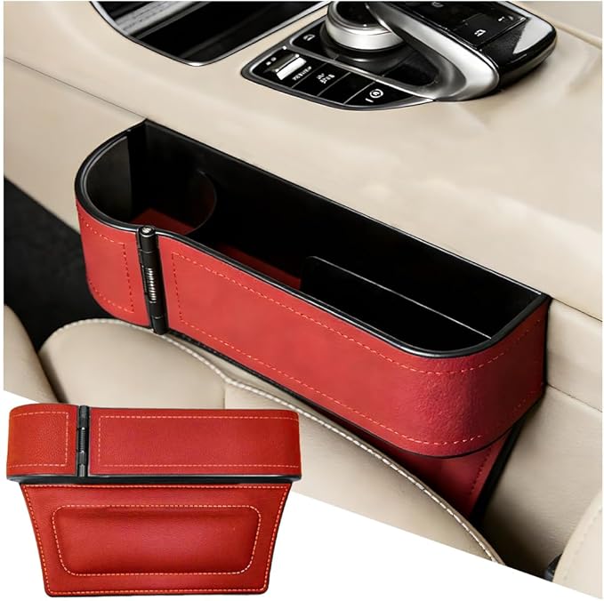 Car Seat Gap Filler Organizer with Cup Holder Expander, Leather Console Seam Filler Storage Box, Auto Front Seat Gap Organizer for Phones Keys Glasses, Universal Fit (Wine Red Driver)