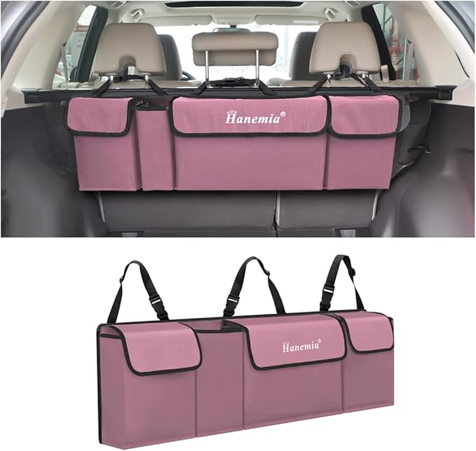 Hanemia Car Trunk Organizer, Backseat Hanging Storage with 4 Large Pockets, Collapsible Cargo Bag with Adjustable Straps
