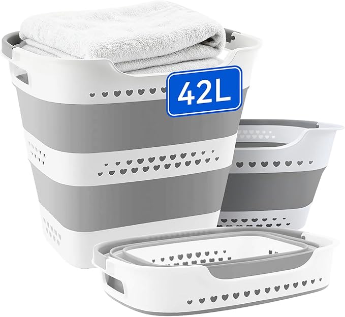 42L Medium Collapsible Plastic Laundry Basket with Handles, Foldable Laundry Basket Hamper, Pop Up Storage Container Organize