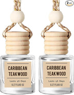Caribbean Teakwood Hanging Car Air Freshener – Long Lasting Essential Oil Diffuser for Car, Closet, Bathroom – 2-Pack Natural