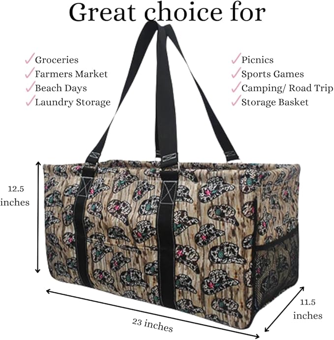 NGIL Extra Large Utility Tote Reusable Grocery Bag Oversized Collapsible for Groceries, Storage, Picnic, Beach (Aztec Cow-Black)