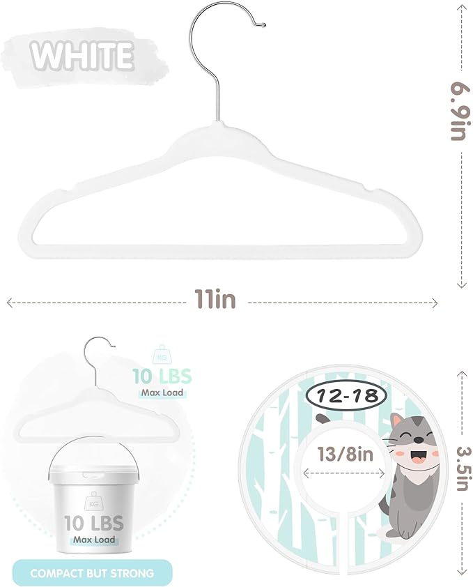 VIS'V Baby Hangers, 11 Inch Velvet Kids Hangers with 6 Pcs Clothes Size Dividers, Infant Toddler Nursery Closet Organization,