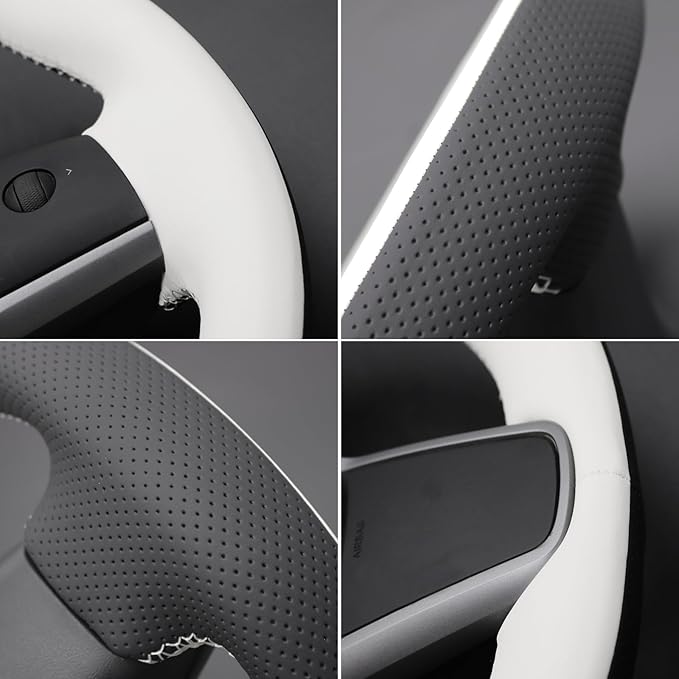 MEWANT Hand Stitched White Leather Tesla Model 3 Steering Wheel Cover for Tesla Model 3 2017-2023 / Model Y 2020-2023 for Tesla Model 3/Y Accessories