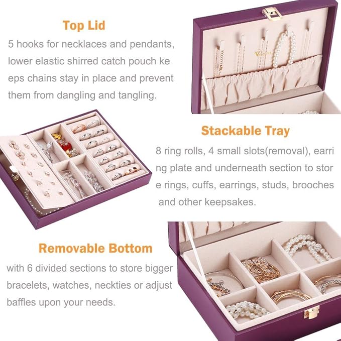 Voova Jewelry Box Organizer for Women Girls, 2 Layer Large Men Jewelry Storage Case, PU Leather Display Jewellery Holder with