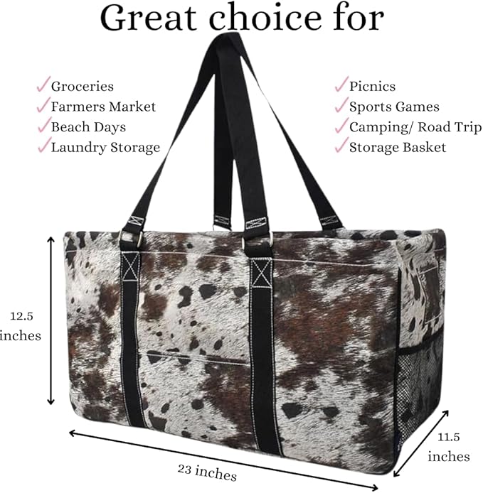 NGIL Extra Large Utility Tote Reusable Grocery Bag Oversized Collapsible for Groceries, Storage, Picnic, Beach (Modern Cow Print-Black)