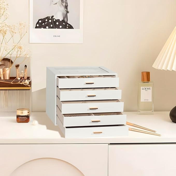 Jewelry Box with Glass Lid, 5-Layer Jewelry Organizer for Women Girls, PU Leather Display Case with 20-Grid Earring Tray & Mo