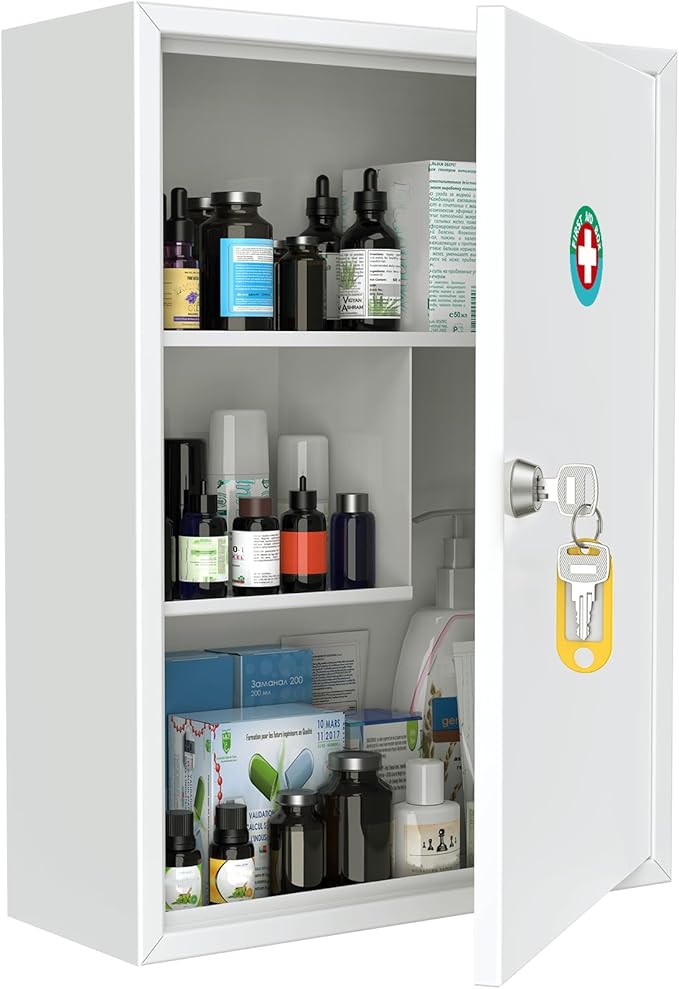 Uniclife Wall Mount Medicine Cabinet with Key Lock, Locking First Aid Cabinet, Lockable Medical Cabinet, Large Capacity Medic
