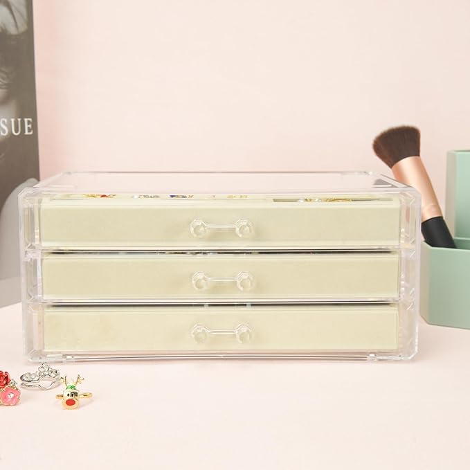 Weiai Acrylic Jewelry Box 3 Drawers, Velvet Jewellery Organizer, Earring Rings Necklaces Bracelets Display Case Gift for Wome