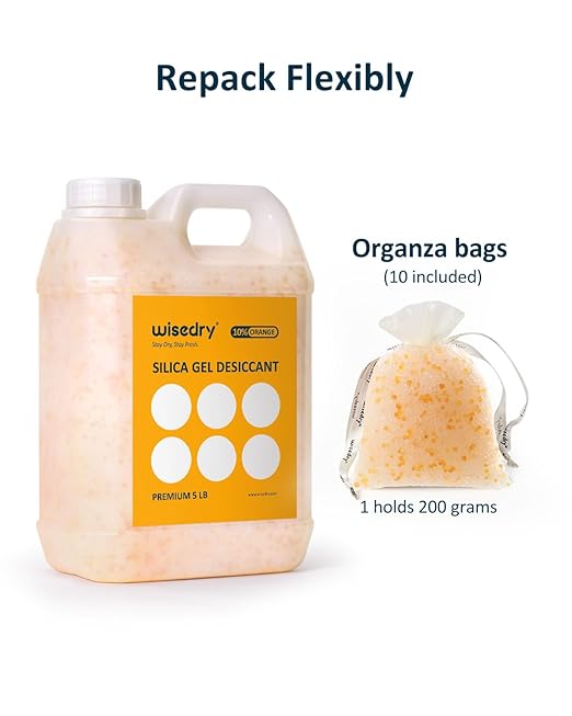 wisedry [ 5 LBS ] Silica Gel Beads Reusable Color Indicating Rechargeable Desiccant Bulk with 10 Pcs Organza Drawstring Bags