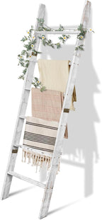 6-Tier Blanket Ladder Wooden,100% Pine,Towel Holder Rack with Anti-Slip Construction,Home Decor,Easy Assembly (Vintage White)