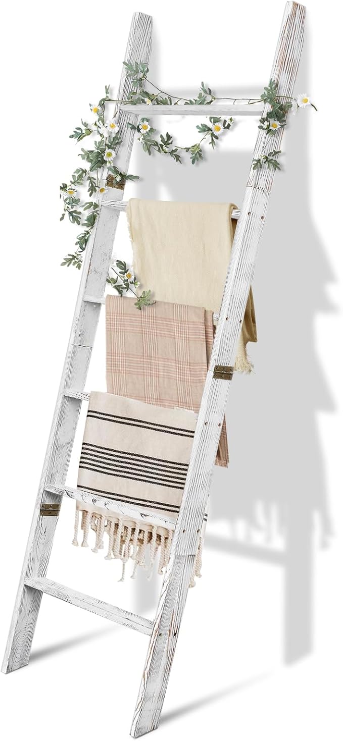 6-Tier Blanket Ladder Wooden,100% Pine,Towel Holder Rack with Anti-Slip Construction,Home Decor,Easy Assembly (Vintage White)