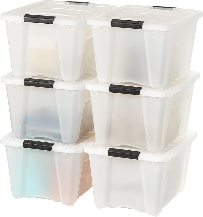 IRIS USA 32 Qt Stackable Plastic Storage Bins with Lids, 6 Pack - BPA-Free, Made in USA - Discreet Organizing Solution, Latch