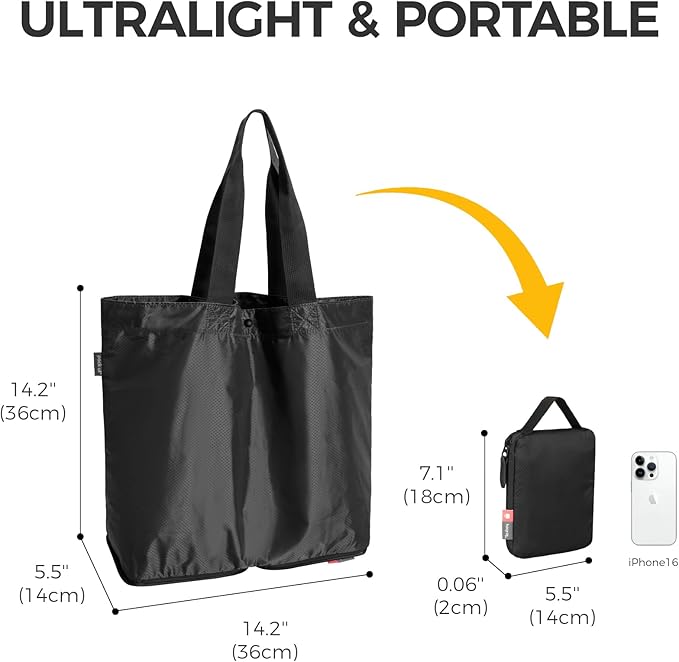 pack all 16L Lightweight Packable Tote Bag, Water Resistant Foldable Grocery Bag, Reusable Shopping Bag (Black)
