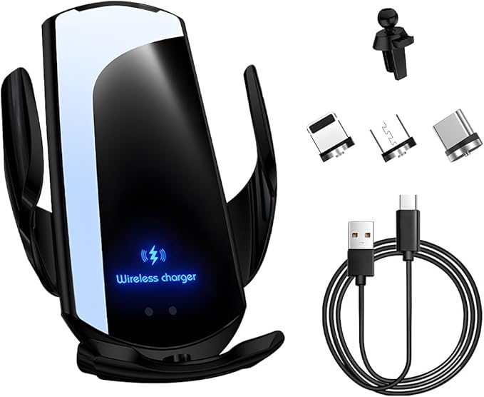 Wireless Car Charger, 15W Fast Charging Air Vent Mount Auto-Clamping Phone Holder, Automotive Electric Induction Charger 360° Rotating Magnetic Vent Mount Bracket for Smartphones (Black)
