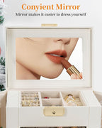 TORIBIO Large Jewelry Box for Women, Leather Jewelry Organizer with Mirror & Lock, 6-Tier Jewelry Storage Case for Girls/Wome