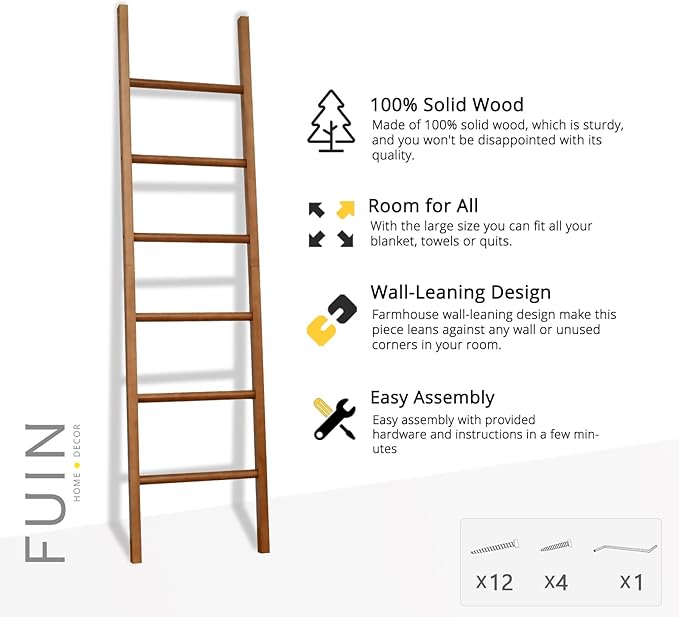 FUIN 6ft Wooden Natural Blanket Ladder Living Room Decorative Wall Leaning Farmhouse Quilt Display Holder Rustic Wood Towel R