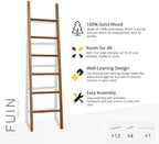 FUIN 6ft Wooden Natural Blanket Ladder Living Room Decorative Wall Leaning Farmhouse Quilt Display Holder Rustic Wood Towel R