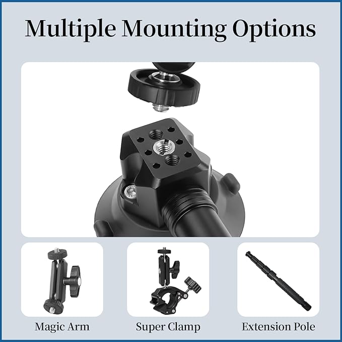 CNC Machined 3in Camera Suction Cup Mount with Adjustable Magic Arm, 1/4" ARRI Holes Quick Release Car Mount with Phone Holder & Action Camera Adapter Compatible with DJI OSMO Pocket 3 Insta360 iPhone