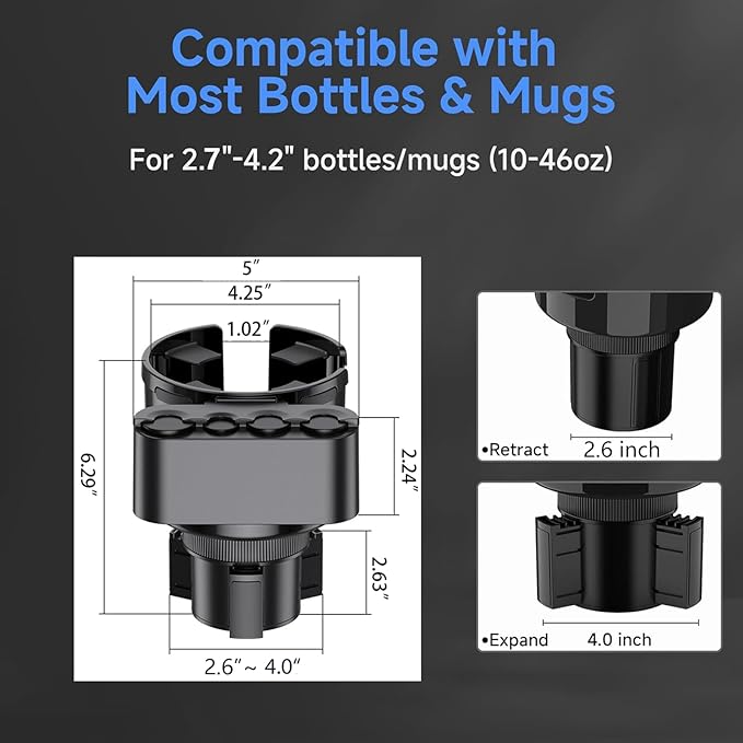 [Upgraded] Car Cup Holder Expander with Coin Organizer, Cup Holder Extender Adapter for Car with Adjustable Base, Fits Yeti, Hydro Flask, Nalgene, Owala, Bottles & Mugs in 2.7"-4.2" (10-46 OZ)