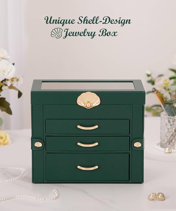 Enthralite Jewelry Box with 3 Drawers: Display Organizer for Earrings Necklaces - Gifts for Girls Women (Forest Green)
