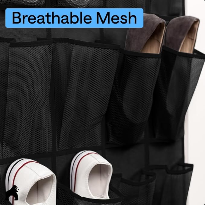 GORILLA GRIP Over the Door Shoe Organizer, 24 Large Breathable Mesh Pockets, Space Saving Hanging Storage Holder, Closet Rack
