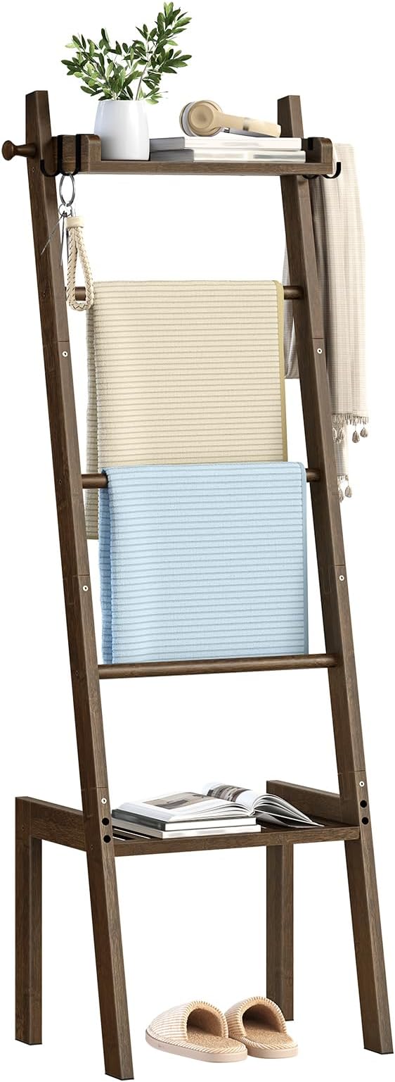 HOOBRO Blanket Ladder, 5 Tier Bamboo Ladder Shelf, Blanket Ladders for Living Room and Bedroom, Farmhouse Blanket Holder Rack
