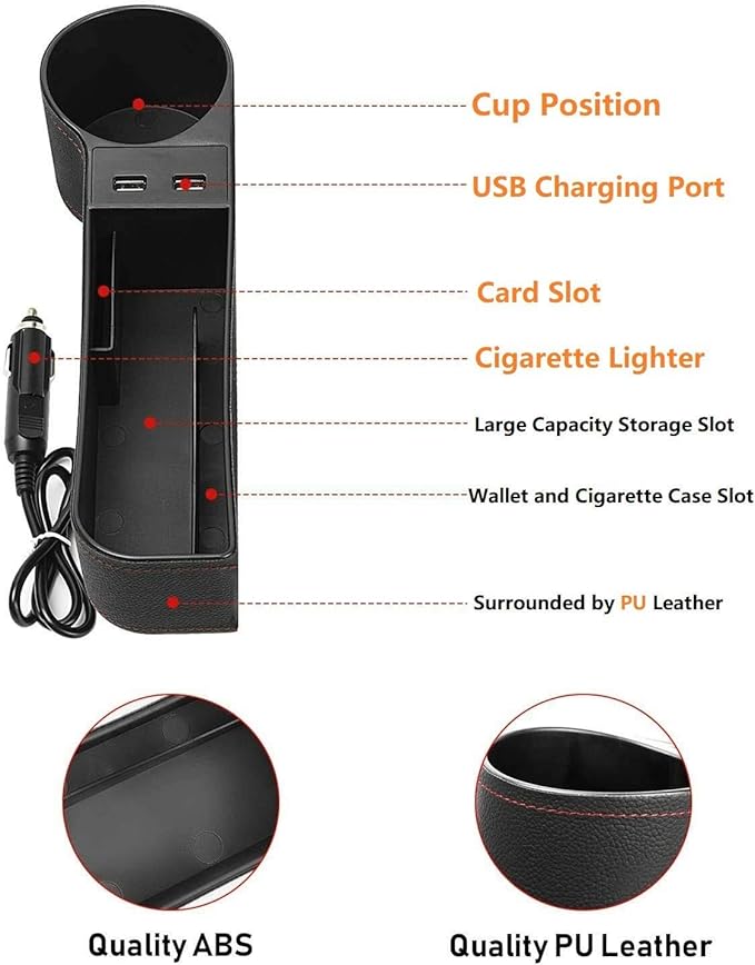 Car Seat Gap Organizer,Premium Console Side Pocket with 2 USB Charging,Leather Storage Box,Multifunctional with Dual USB Charging,Cup Holder,Car Seat Gap Filler,for Cellphones Wallet Coin Key (2 Pack)