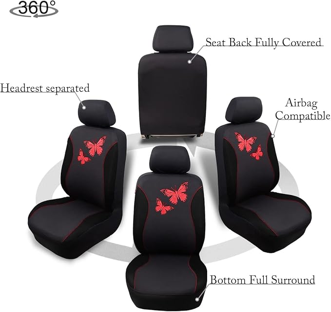 Flying Banner Butterfly car seat Covers ful Set Fashion Universal Lady Woman Female Rear Bench Split Colorized (Full Set, Red