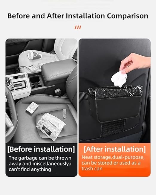 Car Leather Trash Can for Seat Back, Hanging Garbage Bin, Waterproof Foldable Stroage Organizer for Car, Multipurpose Interior Accessories for SUV Truck RV Camping (Black Chair Back Clip)