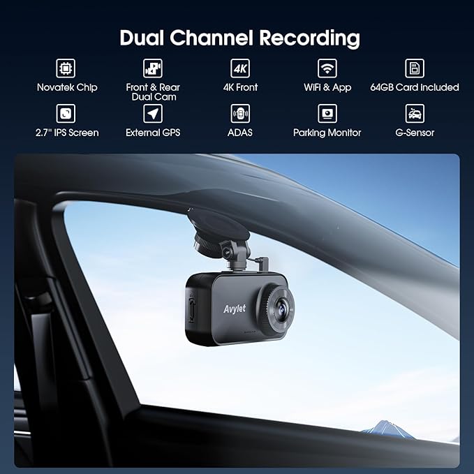 Avylet 4K/2.5K+1080P Dash Cam Front and Rear, 5G WiFi APP Dash Camera for Cars with 64GB Card, ADAS Lane Assist, 2.7”IPS Scre