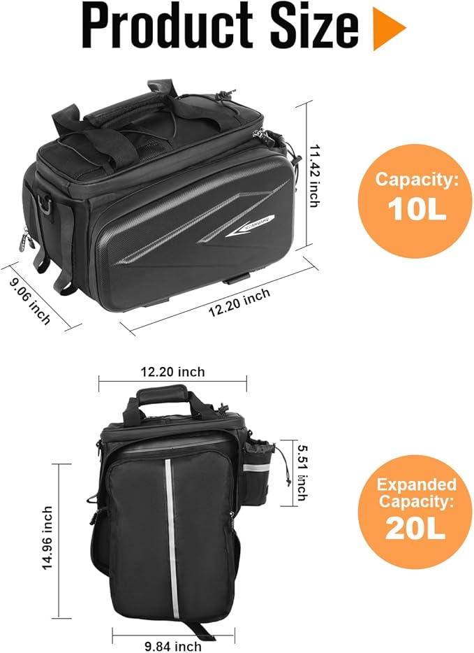 Bike Rack Bag, 20L EVA Hard Shell Bike Trunk Rear Rack Bag Bike Panniers Expandable 3 in 1 Waterproof Tin foil Insulation Bike Bag With Rain Cover for Commute Shopping Cycling Trip