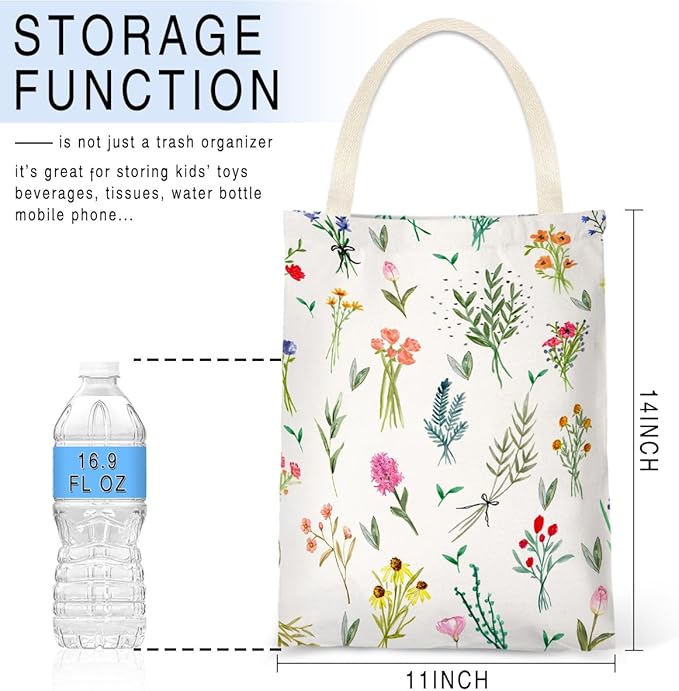 IRADA Car Trash Bag Hanging No Snap Small Garbage Bag for Car Back Seat Cute Printed One-Handed Strap Trash Bags Car Accessories-Wildflowers-White Car Trash Bags