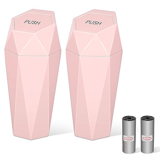 Car Trash Can with Lid, Mini Car Trash Cup with 30 Additional Trash Bags, Car Accessories for Interior, Leakproof Vehicle Garbage Bin for Car, Home, Office - 2 Packs, Pink