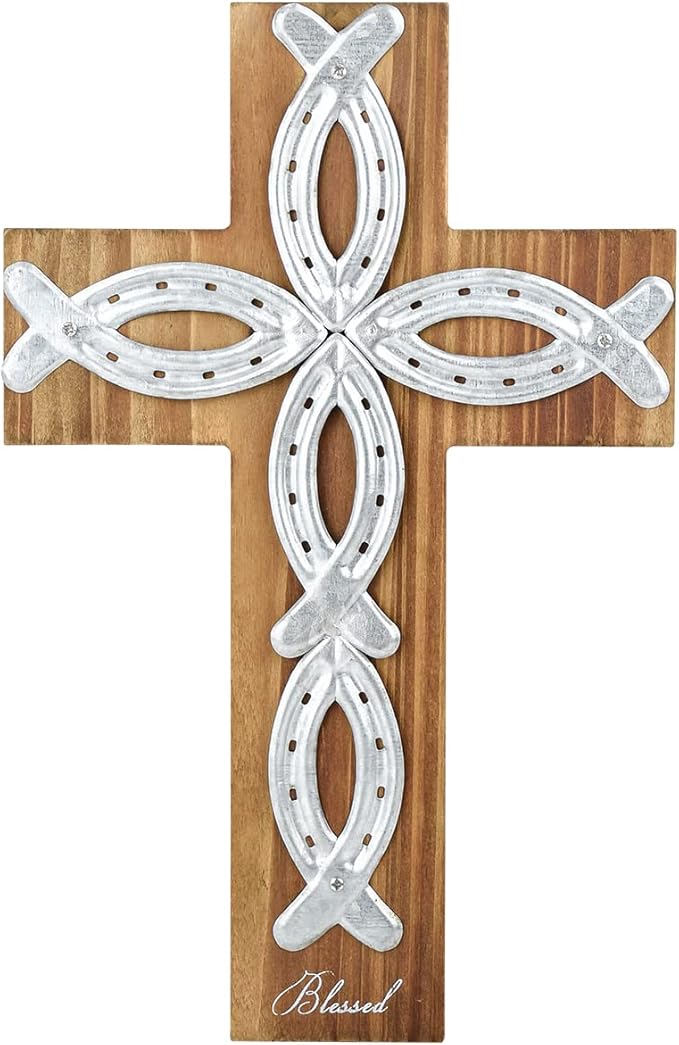 OKSQW Wall Cross Retro Catholic Wooden Hanging Baptism Crosses with Unique Metal Cross Spiritual Religious Cross with Hook 12