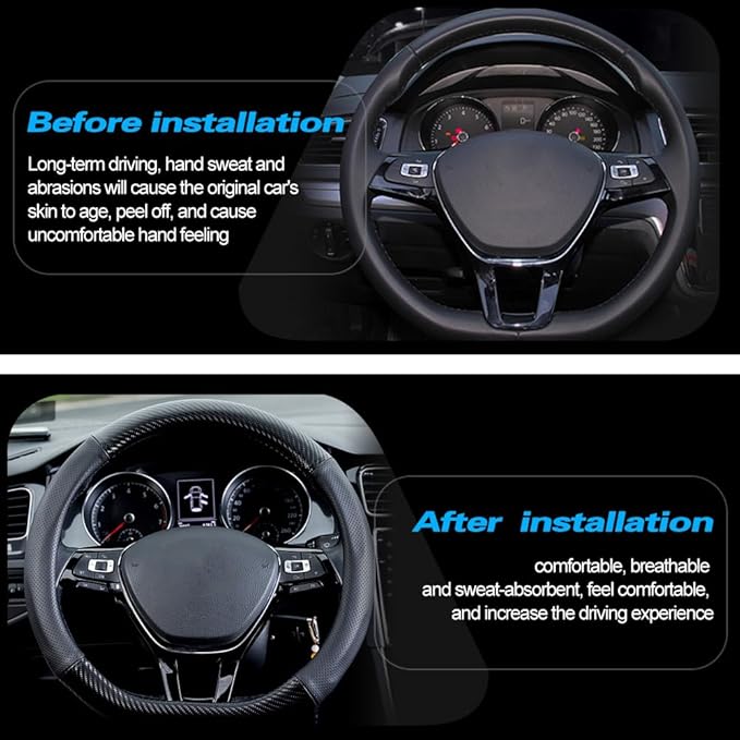Car Carbon Fiber and Leather D-Shape Steering Wheel Cover, Stylish car Non-Slip Leather car Interior 15 inches Universal Red and Blue