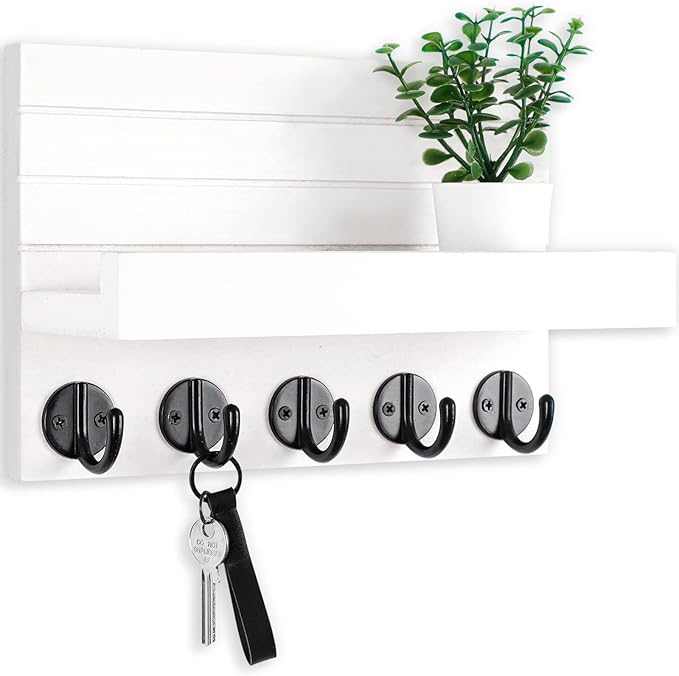 Lwenki Key Holder for Wall, Decorative Key and Mail Holder with Shelf Has Large Key Hooks for Bags, Coats, Umbrella – Paulown
