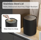 MRBIN Desk Mini Car Trash Can, 0.4 Gallon Table Top Plastic Waste Basket with Stainless Steel Lid, Small Garbage Bin for Bedroom, Coffee Bar, Vanity Countertop, Black