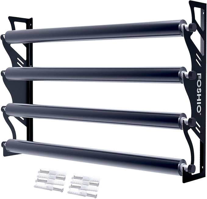 FOSHIO Vinyl Holder with Mounting Hardware,Metal Rack Heavy Duty Vinyl Storage Tool for 4 Rollers of Vinyl,Transfer Paper Tape,Wallpaper,Window Film,Wall Mount Garage Workshop,Rollers Not Included