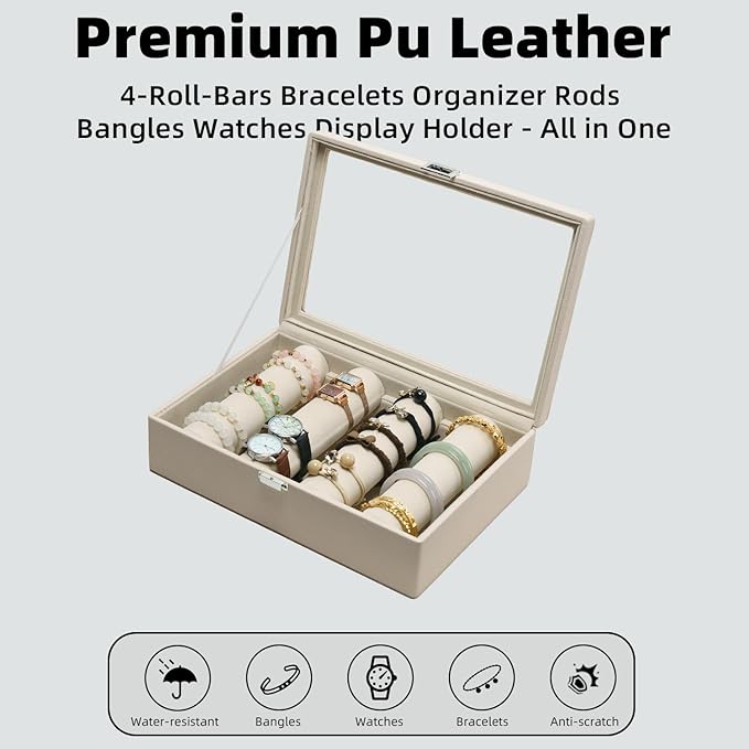 Bracelets Organizer Rods Bangles Display Holder, Clear See through Lid Leather Velvet Jewelry Storage Box Case for Women, 4 R