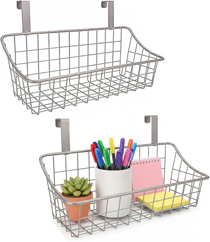 LeleCAT Basket with hook Grid Storage Basket,Hang it behind a door or on a railing,Over the Cabinet Door,Champagne Gray,2 Pac