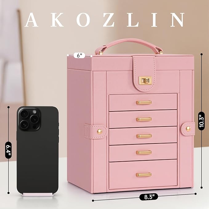 AKOZLIN Large Jewelry Box Organizer Functional with Big Mirror, Leather Jewelry Storage Case for Women Girls Ring Necklace Ea