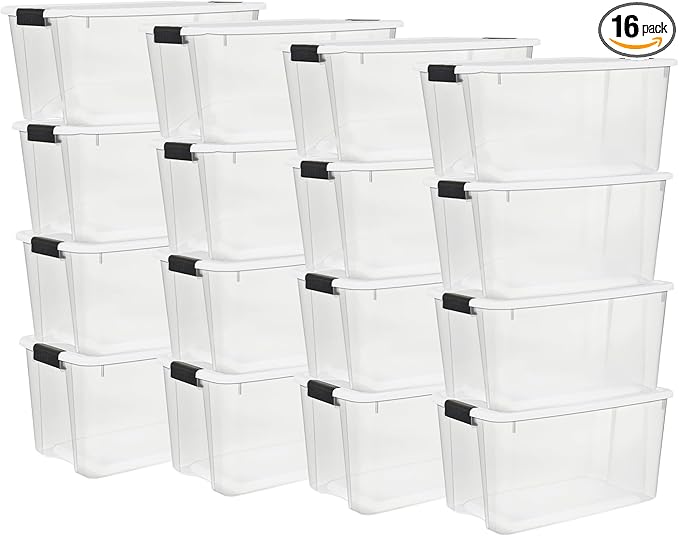 Sterilite 16-Pack Ultra Latching Box, Storage Bins with Lids, Clear Plastic, 70 Quart - Heavy-Duty Organizing Containers for 