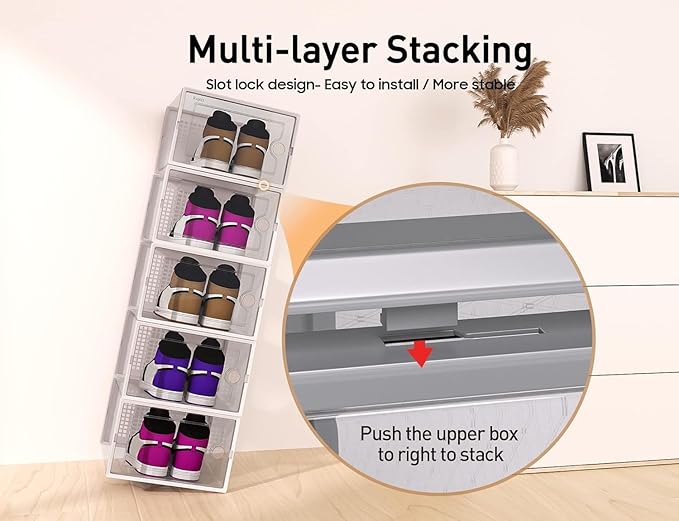 Kuject X-Large Shoe Storage Boxes Organizers Clear Plastic Stackable 12 Pack, Shoe Rack & Holder Substitute, Sneaker Containe