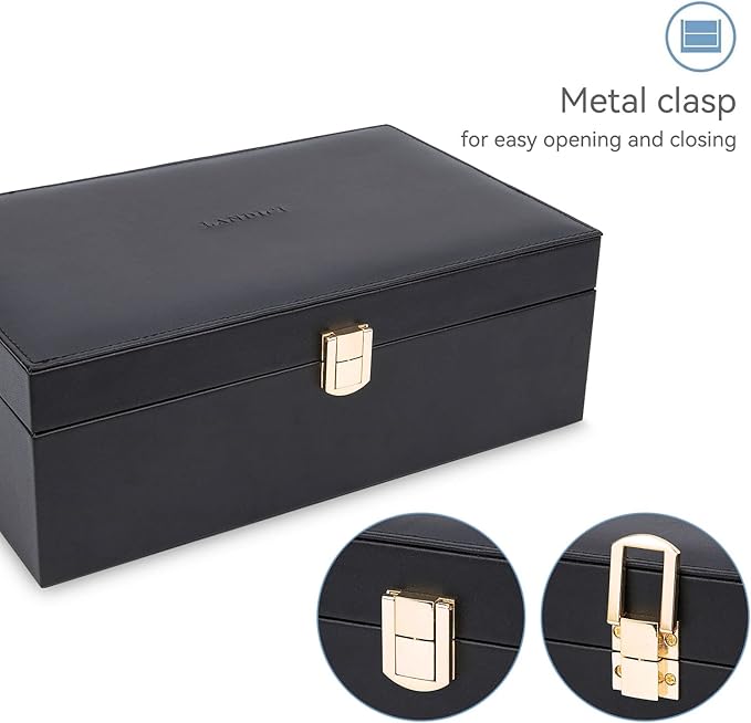LANDICI Jewelry Box Organizer for Men Women, 2 Layer 4 Slot Watch Storage Case with Removable Tray, PU Leather Large Jeweller