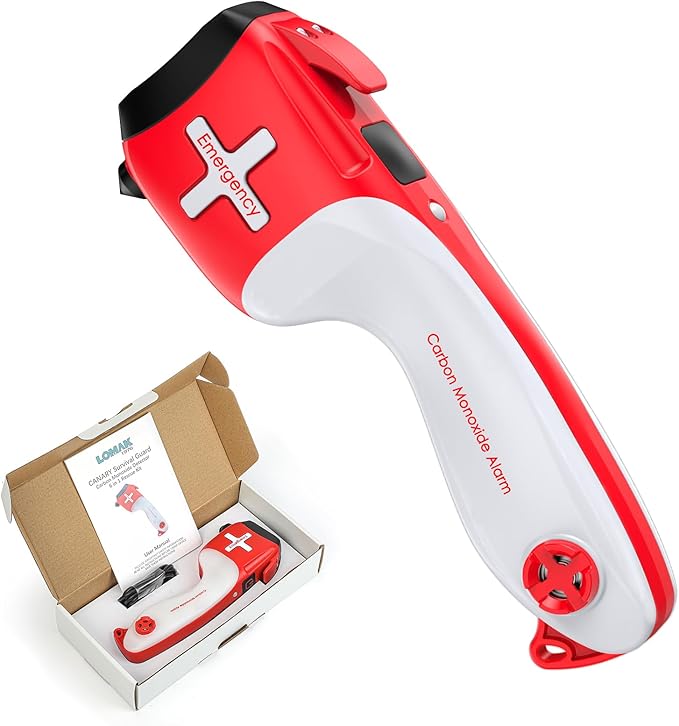 6-in-1 Multifunctional Emergency Tool, Flashlight with CO Detector, Window Breaker, Seat Belt Cutter, Red/White LED Warning L