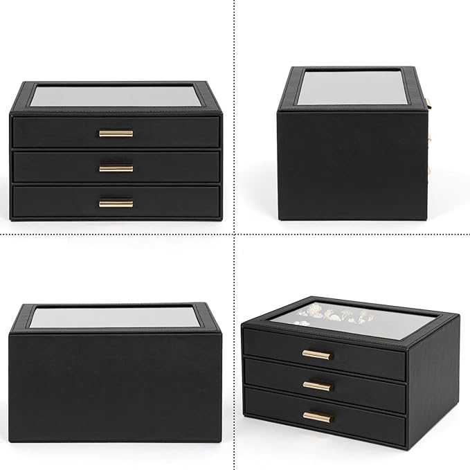 AKOZLIN Jewelry Box with Clear Lid Functional Leather Jewelry Storage Organizer Case 3 Drawers for Women Girls Necklace Ring 
