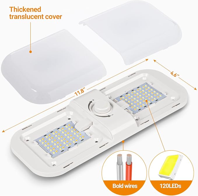 CT CAPETRONIX RV Lights Interior 1700LM, 3 Color TEM Camper Lights, Dimmable 12v Volt Led Lights Fixture, Ceiling Dome Light w Switch for Camper/Car/Trailer/Boat (Warm Cool Natural White) 2Pack