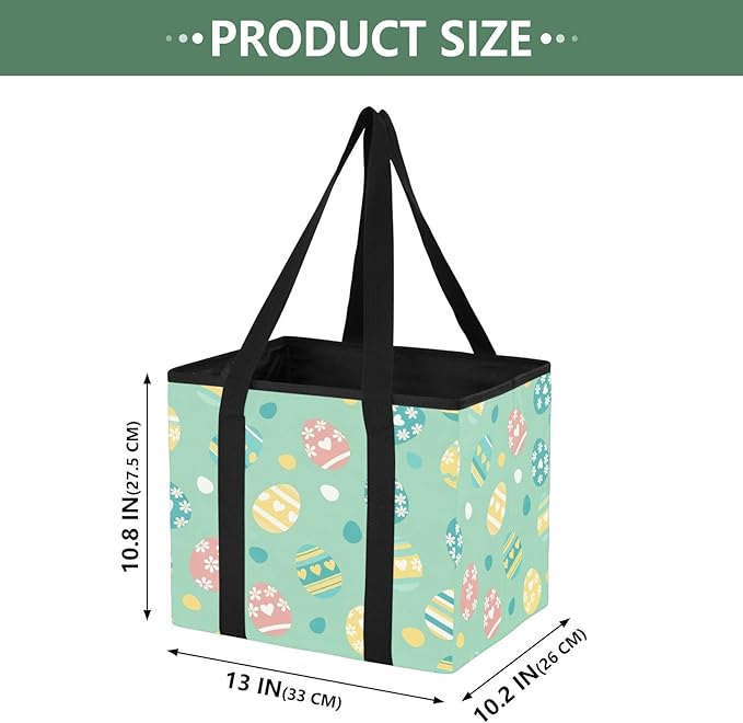 Easter Eggs Reusable Grocery Bags Large Shopping Tote Bag with Reinforced Bottom Board, Water Resistant Foldable Storage Bags