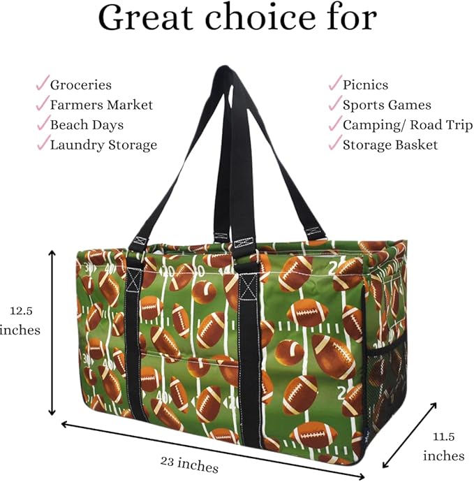 NGIL Extra Large Utility Tote Reusable Grocery Bag Oversized Collapsible for Groceries, Storage, Picnic, Beach (Football-Black)